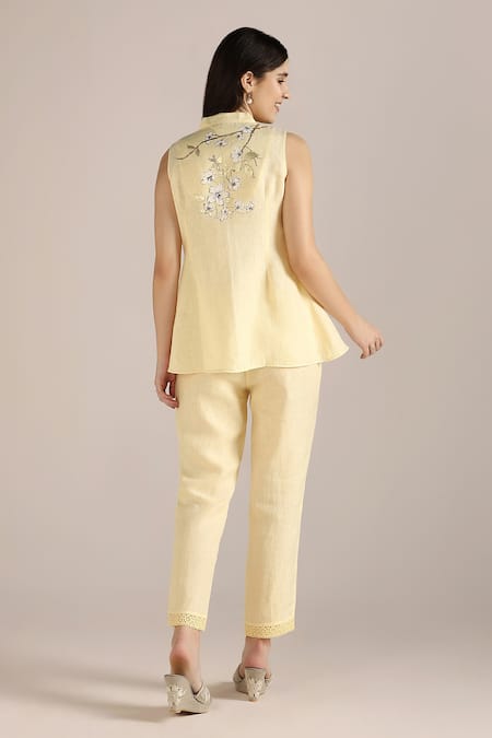 Shop Kaveri Yellow Linen Embroidery, Lace V-neck Camelia Floral Print Top And Pant Set at Aza Fashions Shop_Kaveri_Yellow Linen Embroidery, Lace V-neck Camelia Floral Print Top And Pant Set _at_Aza_Fashions