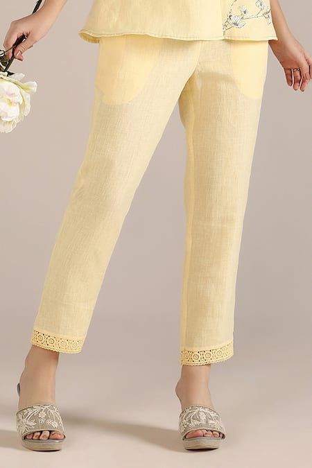 Kaveri Yellow Linen Embroidery, Lace V-neck Camelia Floral Print Top And Pant Set Online at Aza Fashions Kaveri_Yellow Linen Embroidery, Lace V-neck Camelia Floral Print Top And Pant Set _Online_at_Aza_Fashions