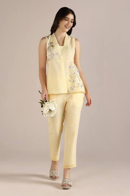 Kaveri Yellow Linen Embroidery, Lace V-neck Camelia Floral Print Top And Pant Set at Aza Fashions Kaveri_Yellow Linen Embroidery, Lace V-neck Camelia Floral Print Top And Pant Set _at_Aza_Fashions