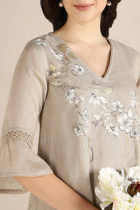 Kaveri_Beige 100% Linen Printed Camelia Flower V Neck Fly Free Tunic  _Online_at_Aza_Fashions