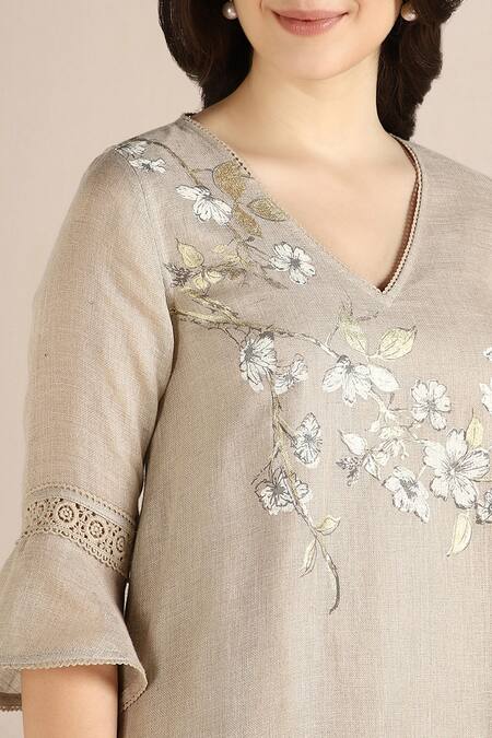 Buy_Kaveri_Beige 100% Linen Printed Camelia Flower V Neck Fly Free Tunic  _Online_at_Aza_Fashions