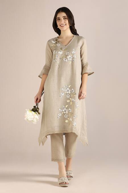 Shop_Kaveri_Beige 100% Linen Printed Camelia Flower V Neck Fly Free Tunic  _Online_at_Aza_Fashions