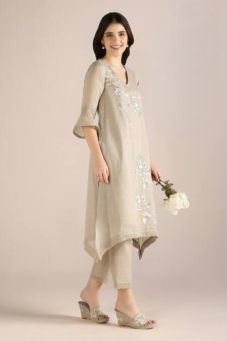 Kaveri_Beige 100% Linen Printed Camelia Flower V Neck Fly Free Tunic  _at_Aza_Fashions