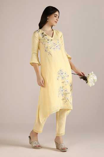 Kaveri_Yellow 100% Linen Printed Camelia Flower V Neck Fly Free Tunic  _Online_at_Aza_Fashions