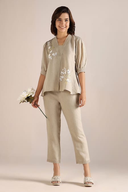 Kaveri_Beige Linen Embroidery V-neck Camelia Floral Print Top And Pant Set _Online_at_Aza_Fashions