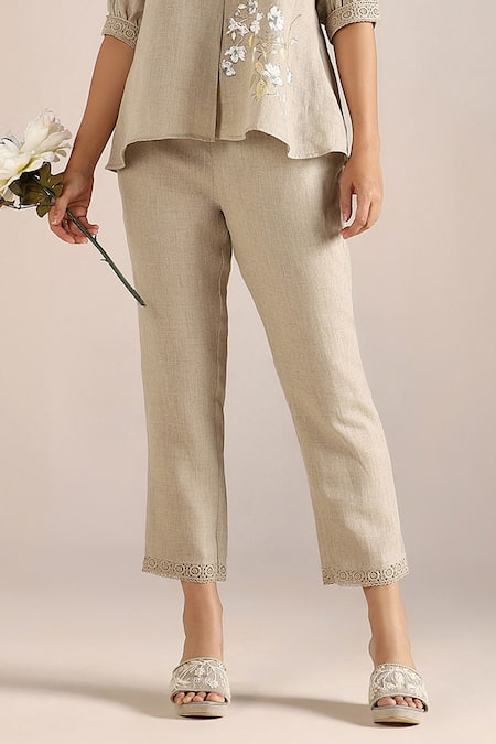 Buy_Kaveri_Beige Linen Embroidery V-neck Camelia Floral Print Top And Pant Set _Online_at_Aza_Fashions