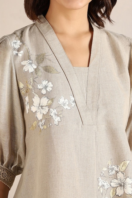 Shop_Kaveri_Beige Linen Embroidery V-neck Camelia Floral Print Top And Pant Set _Online_at_Aza_Fashions