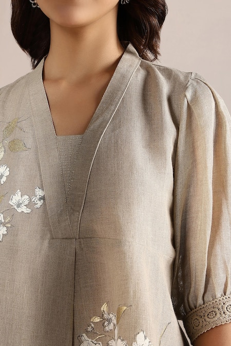 Kaveri_Beige Linen Embroidery V-neck Camelia Floral Print Top And Pant Set _at_Aza_Fashions