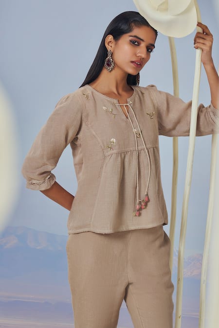 Kaveri_Beige Linen Embroidery Round Neck Rosette Bud Top _Online_at_Aza_Fashions