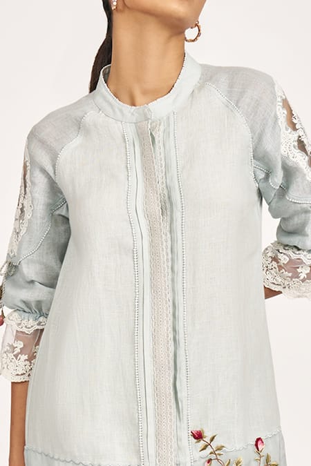 Kaveri_Blue 100% Linen Embroidery Rose Bud Mandarin Twix Jacket With Dress _Online_at_Aza_Fashions