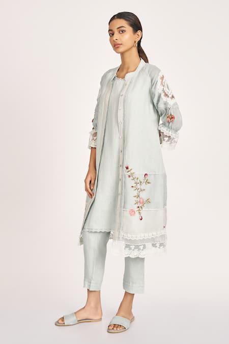 Buy_Kaveri_Blue 100% Linen Embroidery Rose Bud Mandarin Twix Jacket With Dress _Online_at_Aza_Fashions
