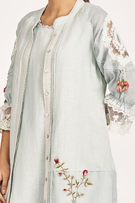 Shop_Kaveri_Blue 100% Linen Embroidery Rose Bud Mandarin Twix Jacket With Dress _Online_at_Aza_Fashions