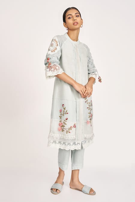 Kaveri_Blue 100% Linen Embroidery Rose Bud Mandarin Twix Jacket With Dress _at_Aza_Fashions