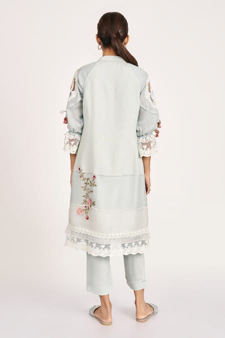 Kaveri Ice Blue Embroidered Jacket Pant Set 