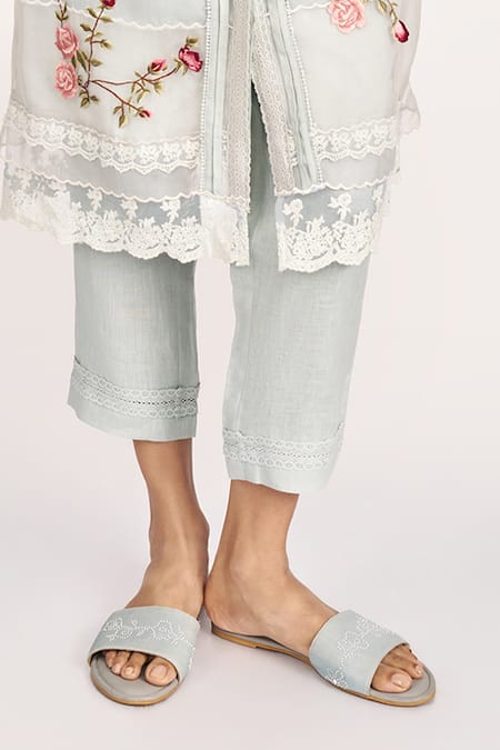Kaveri_Blue 100% Linen Embroidery Rose Bud Mandarin Round Collar Ice Jacket Pant Set _Online_at_Aza_Fashions
