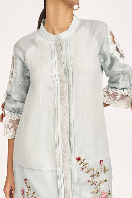 Buy_Kaveri_Blue 100% Linen Embroidery Rose Bud Mandarin Round Collar Ice Jacket Pant Set _Online_at_Aza_Fashions