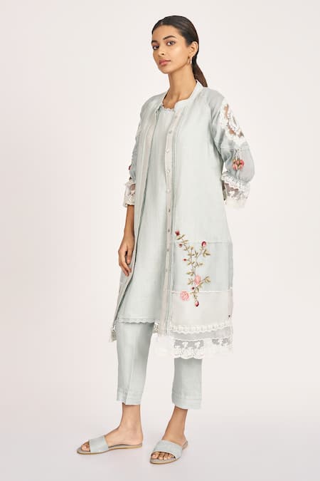 Shop_Kaveri_Blue 100% Linen Embroidery Rose Bud Mandarin Round Collar Ice Jacket Pant Set _Online_at_Aza_Fashions