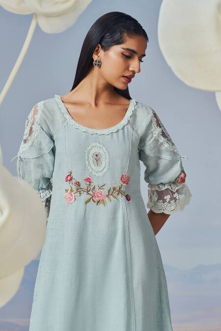 Kaveri_Blue Linen, Silk Organza Embroidery, Lace Round Neck Bed Of Rose Midi Dress _Online_at_Aza_Fashions