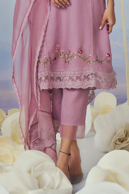 Buy_Kaveri_Purple 100% Linen Embroidery Rose Stand V Brazen Lace Kurta Pant Set  _Online_at_Aza_Fashions