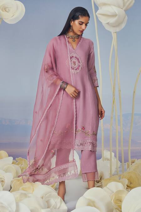 Buy_Kaveri_Purple 100% Linen Embroidery Rose Stand Brazen Lace Kurta With Pant  _Online_at_Aza_Fashions
