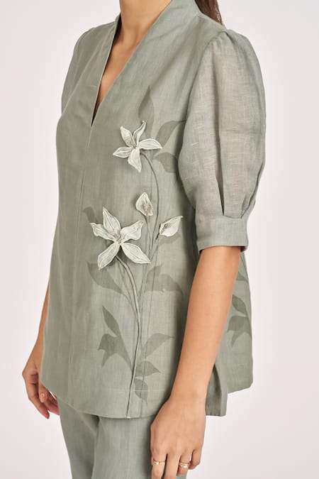 Kaveri_Green Linen Embroidery V-neck 3d Lily Bloom Applique Top _Online_at_Aza_Fashions