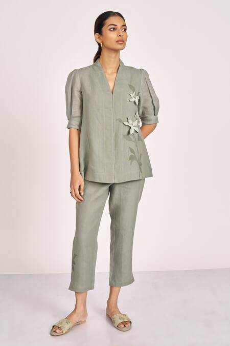 Buy_Kaveri_Green Linen Embroidery V-neck 3d Lily Bloom Applique Top _Online_at_Aza_Fashions