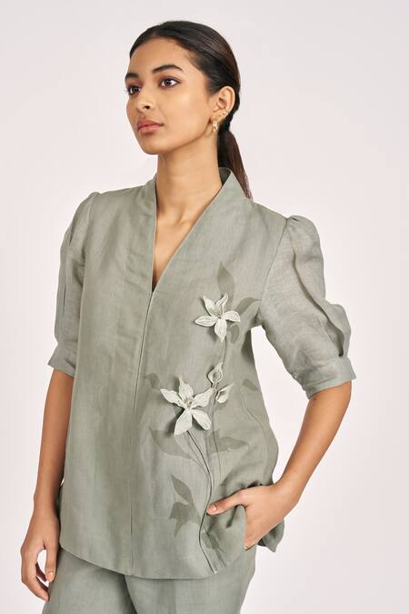Shop_Kaveri_Green Linen Embroidery V-neck 3d Lily Bloom Applique Top _Online_at_Aza_Fashions