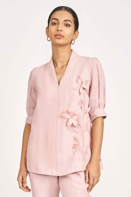 Kaveri_Pink Linen Embroidery V-neck 3d Lily Blossom Applique Top With Pant _Online_at_Aza_Fashions