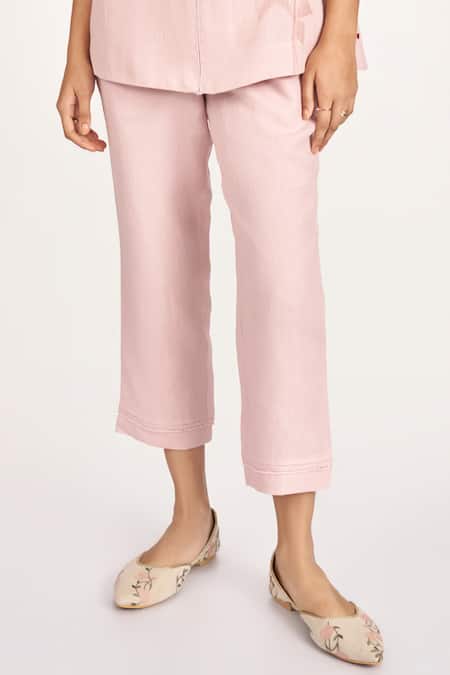 Buy_Kaveri_Pink Linen Embroidery V-neck 3d Lily Blossom Applique Top With Pant _Online_at_Aza_Fashions