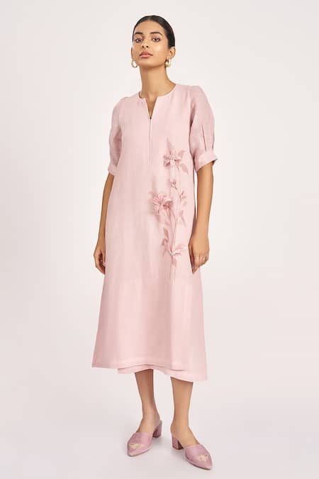 KAVERI Pink 100% Linen Print Lily Notched 3d Botanical Applique Midi Dress  