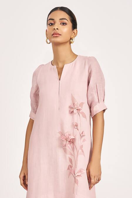 Kaveri_Pink Linen Embroidery Round Neck 3d Botanical Lily Applique Midi Dress _Online_at_Aza_Fashions