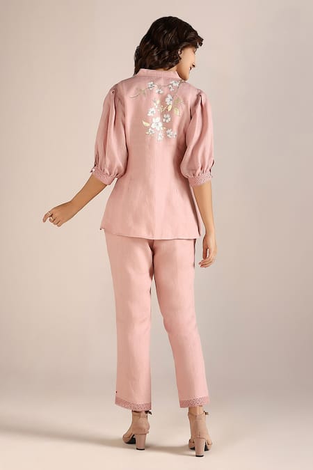 Shop Kaveri Pink Linen Lace V-neck Camelia Printed Top With Pant at Aza Fashions Shop_Kaveri_Pink Linen Lace V-neck Camelia Printed Top With Pant _at_Aza_Fashions