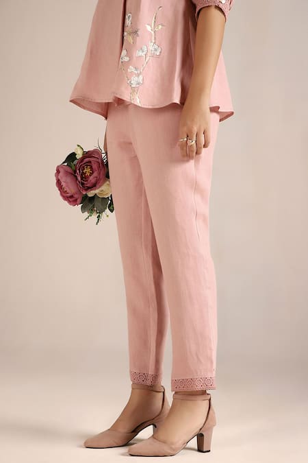 Shop Kaveri Pink Linen Lace V-neck Camelia Printed Top With Pant Online at Aza Fashions Shop_Kaveri_Pink Linen Lace V-neck Camelia Printed Top With Pant _Online_at_Aza_Fashions