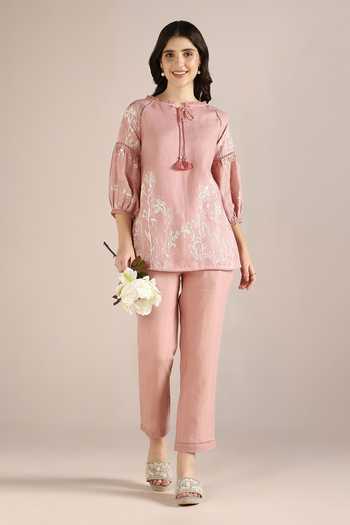 Kaveri_Pink Linen Lace, Embroidery Round Savannah Floral Pattern Kismat Top With Pant _Online_at_Aza_Fashions