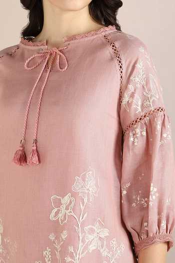Buy_Kaveri_Pink Linen Lace, Embroidery Round Savannah Floral Pattern Kismat Top With Pant _Online_at_Aza_Fashions