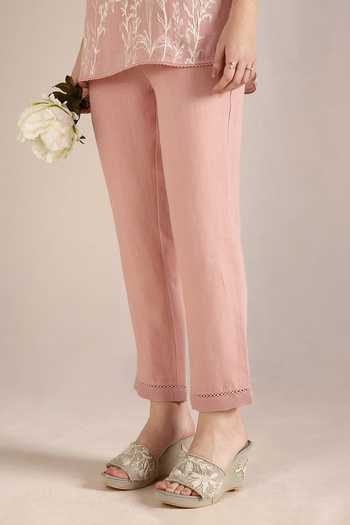 Shop_Kaveri_Pink Linen Lace, Embroidery Round Savannah Floral Pattern Kismat Top With Pant _Online_at_Aza_Fashions
