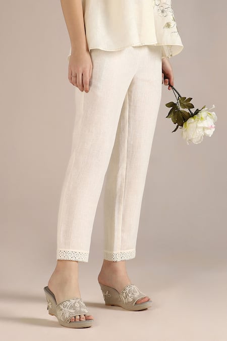 Kaveri_Off White Linen Embroidery, Lace V-neck Camelia Printed Top And Pant Set _at_Aza_Fashions