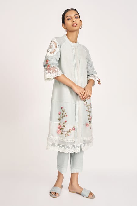 Kaveri Ice Blue Embroidered Jacket Pant Set 