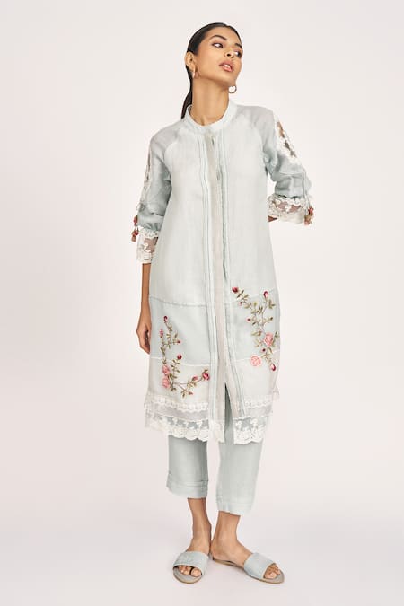 Kaveri_Blue 100% Linen Embroidery Rose Bud Mandarin Round Collar Ice Jacket Pant Set _at_Aza_Fashions
