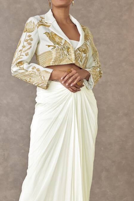 Masaba_Ivory Kota Doria, Georgette Embroidery Son Chidiya Cropped Blazer Skirt Set _Online_at_Aza_Fashions