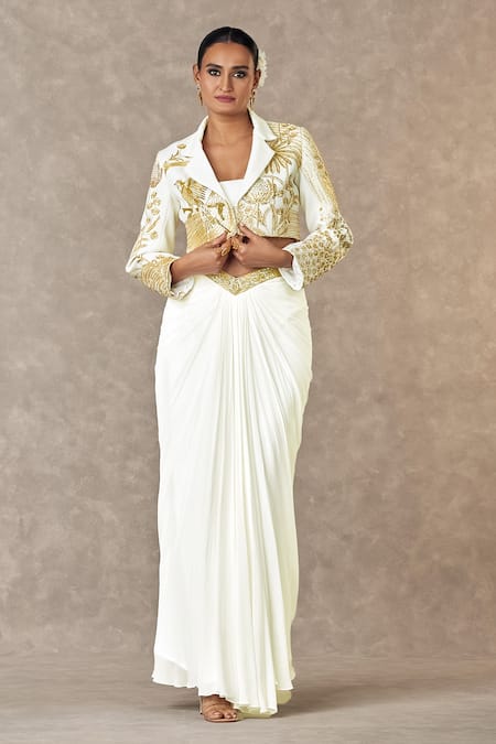 Buy_Masaba_Ivory Kota Doria, Georgette Embroidery Son Chidiya Cropped Blazer Skirt Set _Online_at_Aza_Fashions