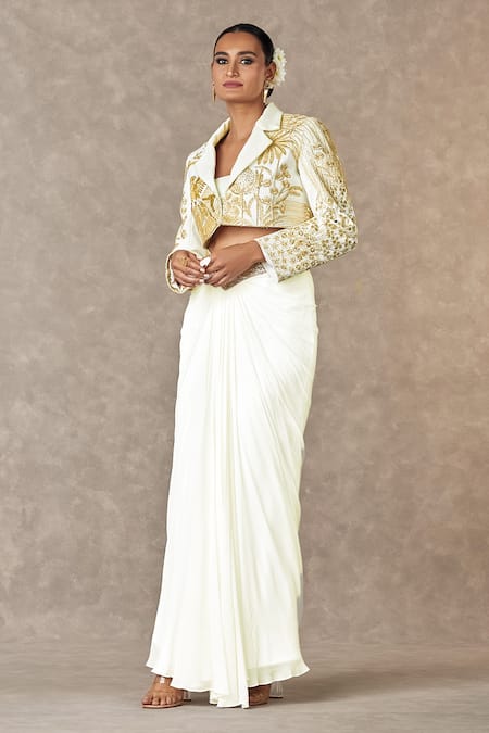 Shop_Masaba_Ivory Kota Doria, Georgette Embroidery Son Chidiya Cropped Blazer Skirt Set _Online_at_Aza_Fashions