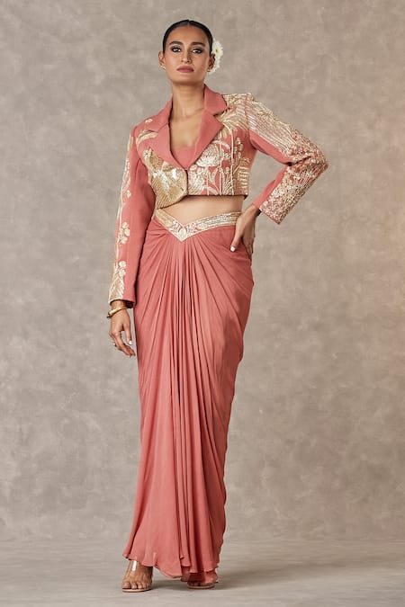 Masaba Pink Cropped Blazer And Tube Top Textured Knit Son Chidiya Skirt Set