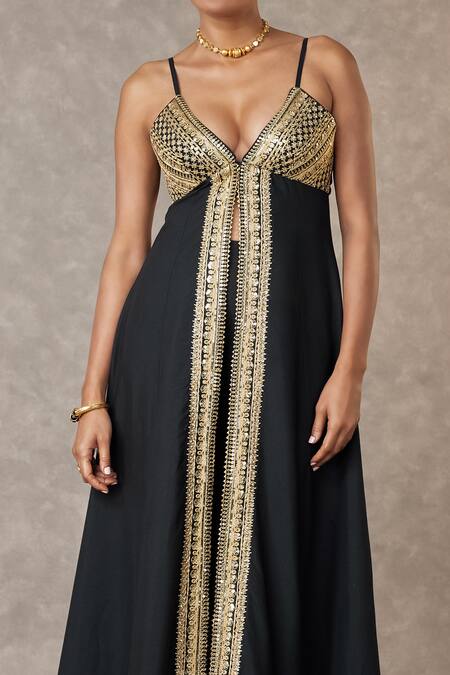 Buy Masaba Black Cotton, Silk Embroidery Haath Phool Front Slit Anarkali Palazzo Set Online at Aza Fashions Buy_Masaba_Black Cotton, Silk Embroidery Haath Phool Front Slit Anarkali Palazzo Set _Online_at_Aza_Fashions