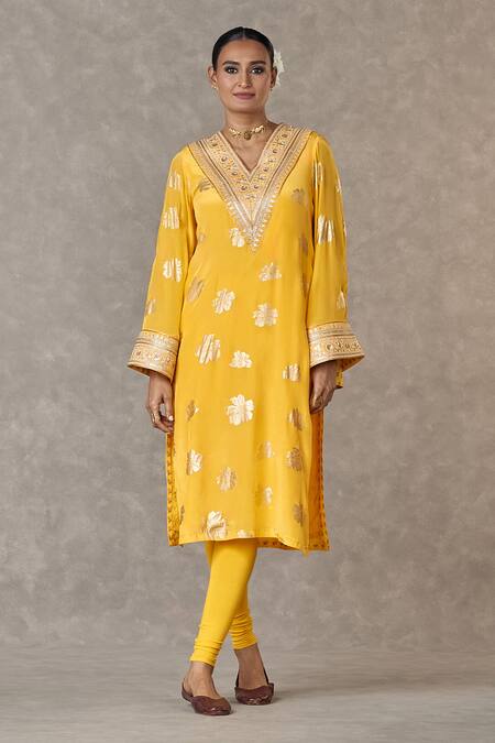Masaba_Yellow Crepe, Silk Sequins, Zari V-neck Parijat Print Kurta_Online_at_Aza_Fashions