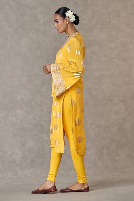 Buy_Masaba_Yellow Crepe, Silk Sequins, Zari V-neck Parijat Print Kurta_Online_at_Aza_Fashions