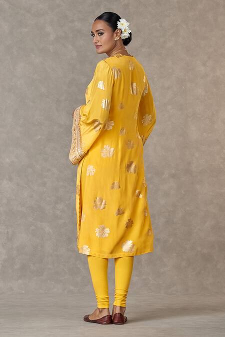 Shop_Masaba_Yellow Crepe, Silk Sequins, Zari V-neck Parijat Print Kurta_Online_at_Aza_Fashions