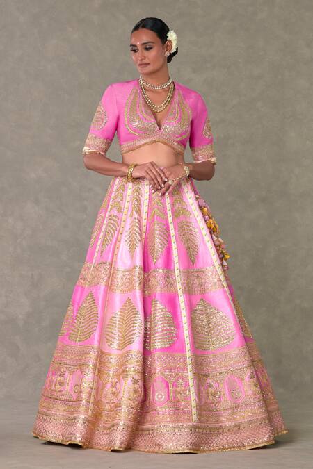 Masaba_Pink Silk, Organza Embroidery, Tassels Barfi Paan Patti Bridal Lehenga Set _Online_at_Aza_Fashions