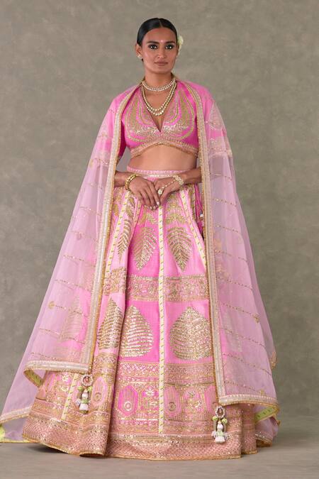 Masaba_Pink Silk, Organza Embroidery, Tassels Barfi Paan Patti Bridal Lehenga Set _at_Aza_Fashions