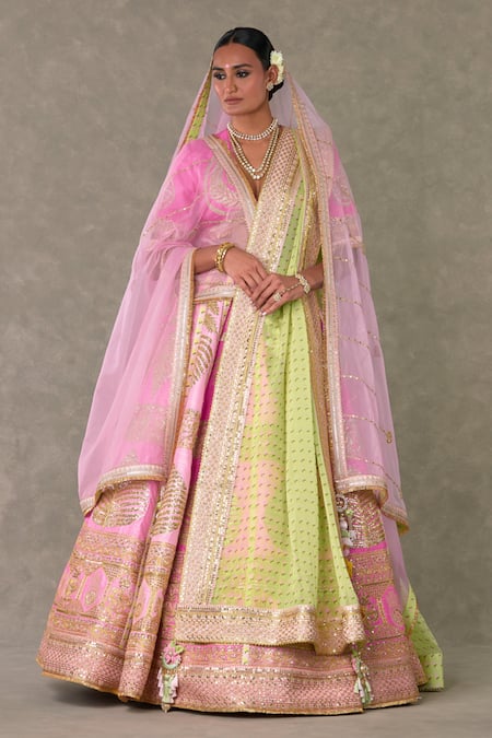 Masaba Pink Lehenga And Blouse Raw Silk Barfi Paan Patti Embroidered Bridal Set 